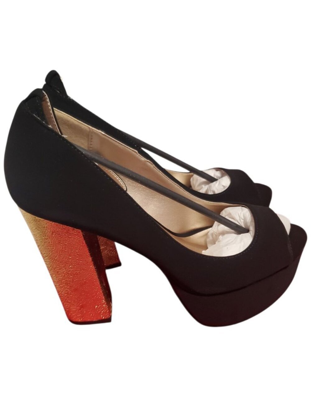 Qupid Peep-Toe Platform Heels W/ Gold Textured W/Ankle Strap Black/Gold Size 8 - Picture 7 of 12